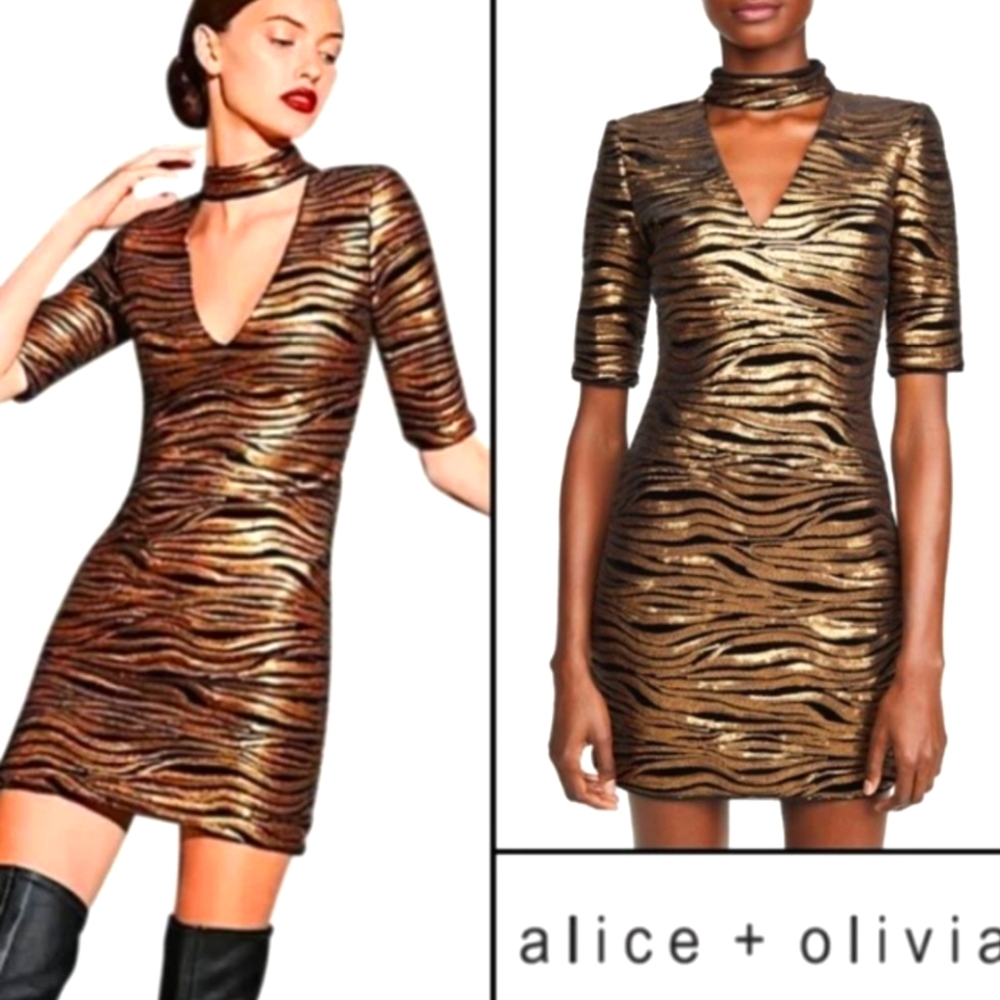 ALICE + OLIVIA l lnka Bronze Sequin Choker Neck Mini Dress l Size 2 l NWT